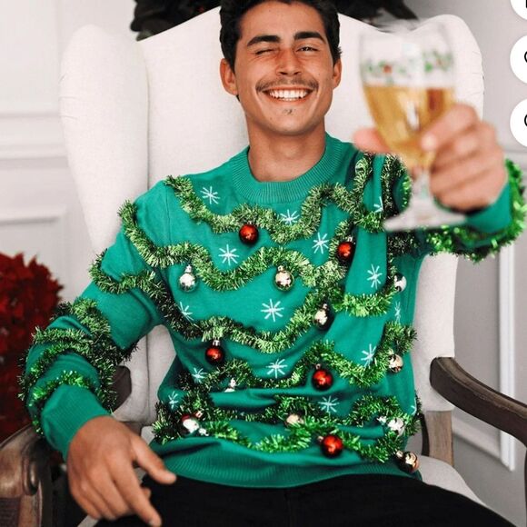 4/$100 Tipsy Elves Ugly Christmas Sweater Gaudy Garland Green Ornament Tinsel - Picture 3 of 4